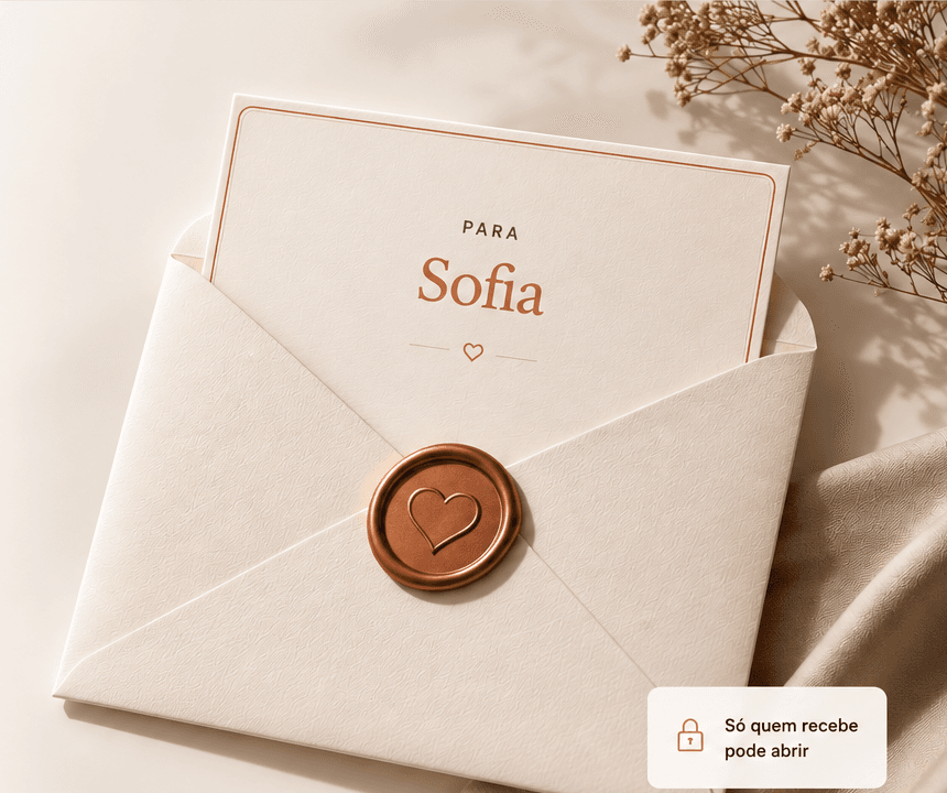 Envelope premium aberto com cartão para Sofia e lacre cobre